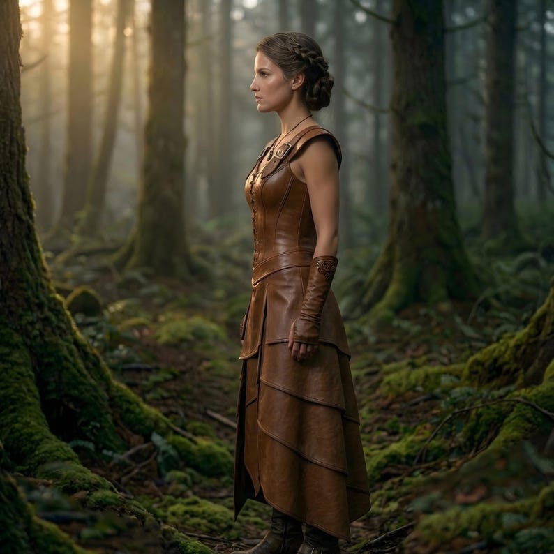 May include: A brown leather dress with a layered skirt and sleeveless bodice. The dress has a corset-style top and is worn with matching gloves. The image is set in a forest with tall trees and mossy ground.