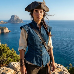 May include: A woman wearing a dark brown tricorn hat with a feather, a blue vest with gold buttons, and a leather strap across the chest. She is standing on a rocky cliff overlooking the ocean.