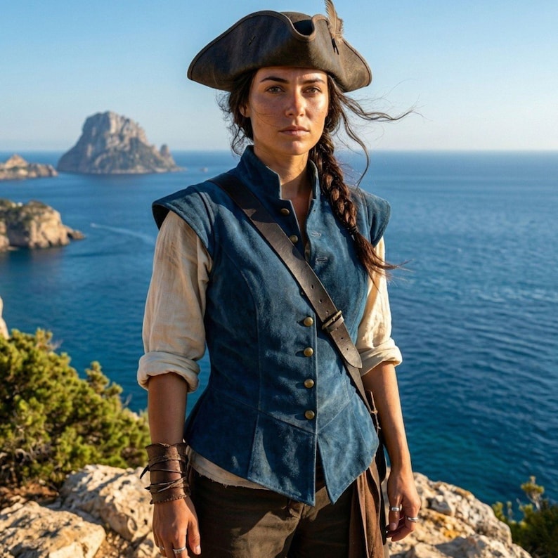 May include: A woman wearing a dark brown tricorn hat with a feather, a blue vest with gold buttons, and a leather strap across the chest. She is standing on a rocky cliff overlooking the ocean.