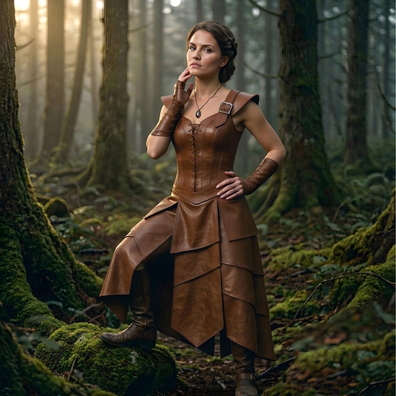 May include: A brown leather dress with a corset-style bodice, layered skirt, and matching gloves and boots. The dress features a buckle detail on the shoulder and is worn in a forest setting.