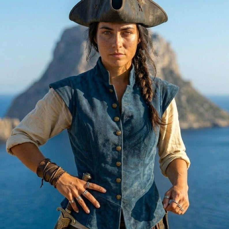 May include: A person wearing a blue vest with gold buttons, a tricorn hat, and a beige shirt. The person is also wearing multiple rings and a leather wrist cuff. A sword is tucked into the person's belt. The background features a mountain and the ocean.
