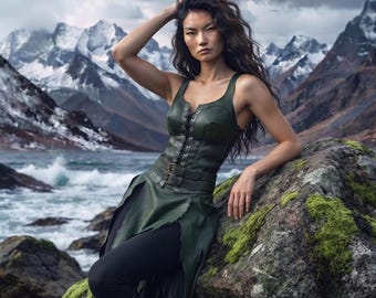 Green Leather Corset Dress | Fantasy LARP Warrior Outfit | Viking Huntress Cosplay Costume