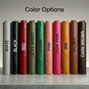 May include: A selection of rolled leather in a range of colours: white, black, red, olive green, green, pink, dark pink, tan, brown, and dark brown. The text "Color Options" is at the top, with each colour labelled vertically.