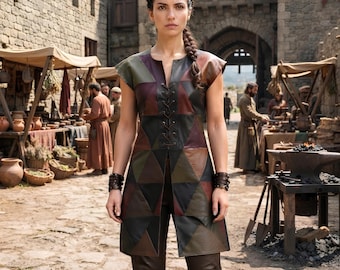 Sleeveless Patchwork Leather Tunic | LARP Medieval Fantasy Costume | Rustic Peasant Earthy Outfit
