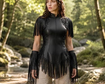 Fringe Black Leather Top | Elven Woodland Rogue Costume | Tribal Fantasy Maiden Outfit