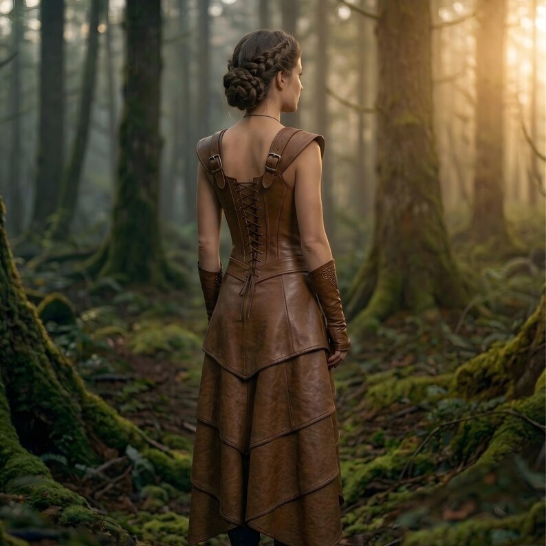 May include: A brown leather dress featuring a corset back and layered skirt. The dress has shoulder straps with buckles and is worn with matching gloves. The scene is set in a forest with tall trees and moss-covered ground.