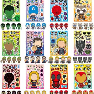 36 Pieces Make-a-face Stickers Pack, Mixed & Matched with 9 Heroes Characters(4 of Each) Stickers