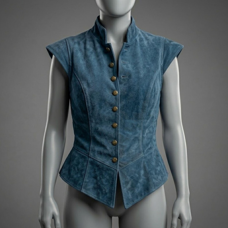 May include: A blue suede vest with a high collar and cap sleeves. The vest features a row of gold-colored buttons down the front and a tailored fit. The garment is displayed on a mannequin.