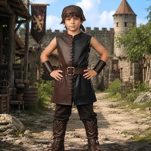 May include: A sleeveless tunic featuring a split design with one brown side and one black side, accented by a central lace-up detail and a brown belt with a gold buckle. The outfit includes matching brown wrist cuffs, brown trousers, and a headscarf.