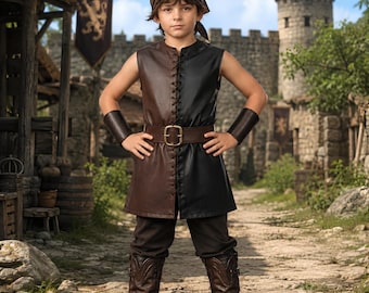 Forest Archer Costume for Kids | Split Color Leather Tunic Set | Childrens Renaissance Hunter Garb