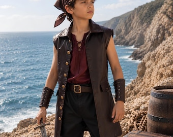 Boys Pirate Costume Vest Set | Leather Buccaneer Outfit for Kids | Renaissance LARP Sailor