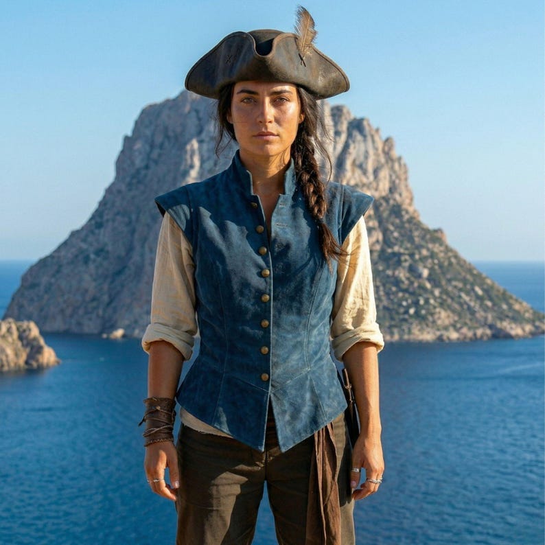 May include: A person wearing a dark blue vest with gold buttons, a tan shirt, and brown pants. They are also wearing a dark hat with a feather. The background features a mountain and the ocean.