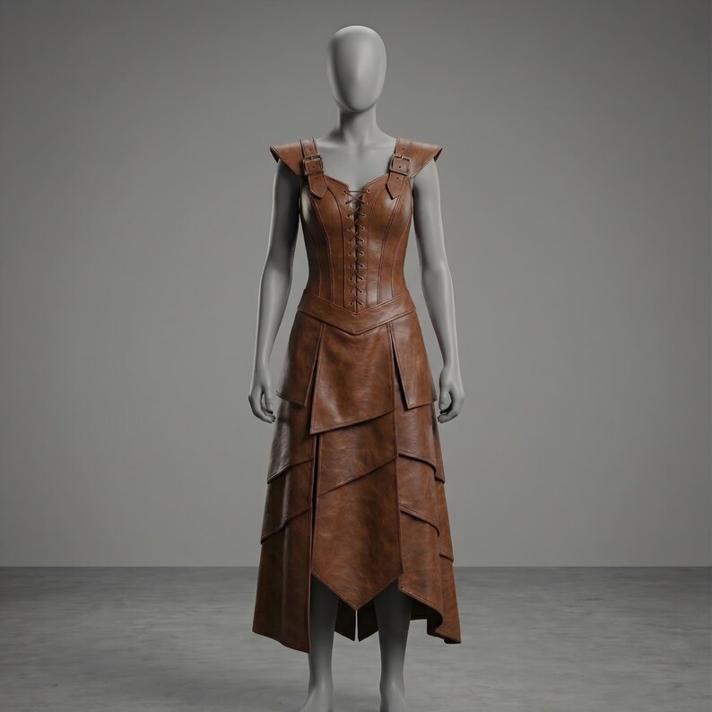 May include: A brown leather dress with a corset bodice and a layered skirt. The dress has shoulder straps with buckles and a mid-calf length. The mannequin is standing on a grey surface.