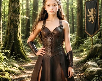 Girls Leather Medieval Dress | Amazon Warrior Fantasy Garb | Kids Renaissance Cosplay Outfit