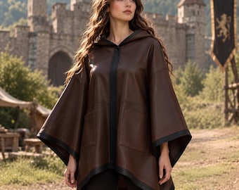 Real Leather Hooded Cloak | Medieval LARP Fantasy Costume | Earthy Ranger Rustic Outfit