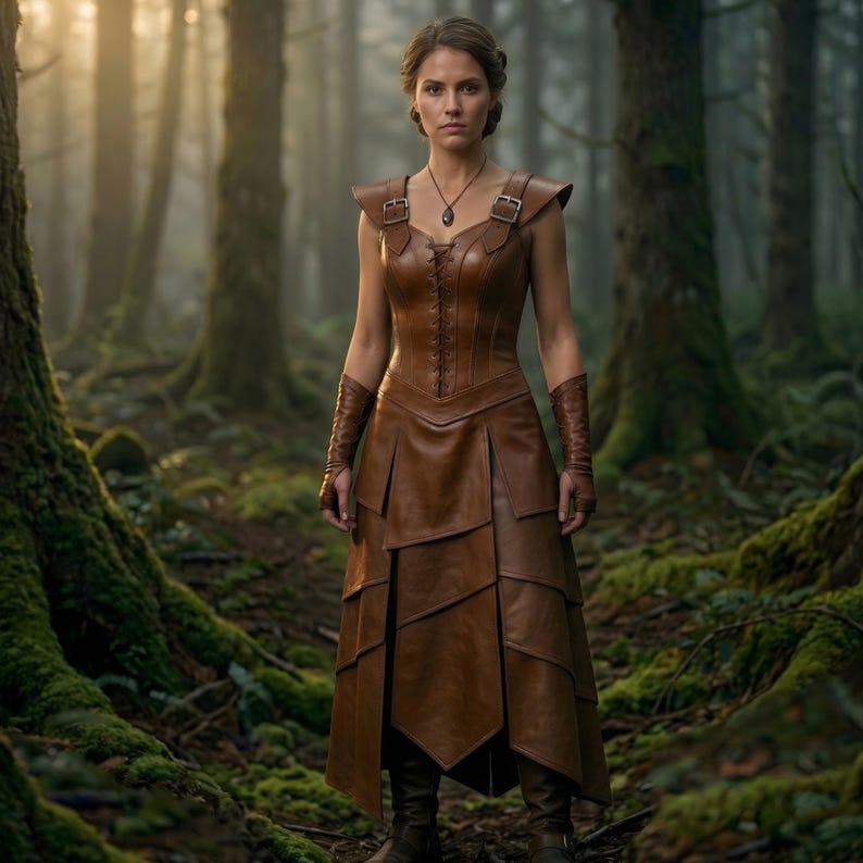 Womens Medieval Leather Dress | Brown Corset Fantasy Outfit | Warrior Princess Cosplay Costume image 2