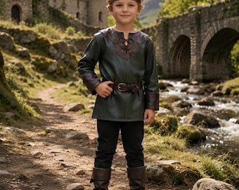 Kids Leather Medieval Tunic | Childrens Renaissance LARP Outfit | Forest Ranger Fantasy Costume