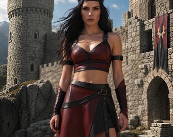Red Leather Fantasy Costume | Women's Barbarian LARP Outfit | Medieval Amazon Cosplay Armor