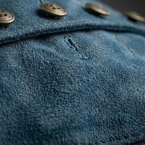 May include: Close-up of a section of blue suede fabric with several brass-colored buttons. The fabric has a textured, worn appearance. The buttons are round with a decorative design.