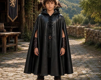 Boys Hooded Leather Cloak | Kids Medieval Rogue Outfit | Fantasy LARP Cape Costume