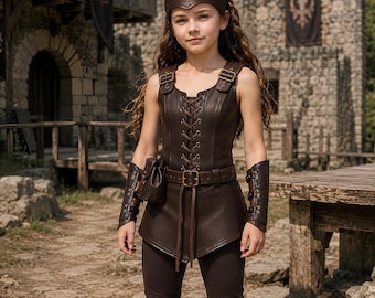 Fantasy Ranger Costume for Girls | Childrens Leather Armor Vest Set | Renaissance LARP Warrior Outfit