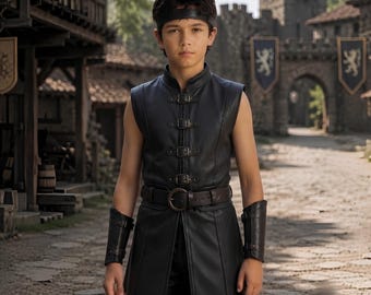 Boys Black Leather Armor Tunic | Medieval Squire Costume for Kids | Fantasy Renaissance LARP Outfit