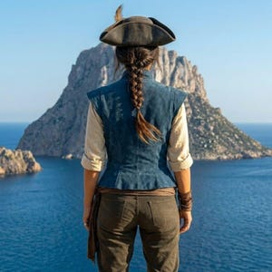 May include: A person wearing a dark brown tricorn hat with a feather, a blue vest, and brown pants, standing with their back to the camera. The person is looking out at the ocean with a large rock formation in the background.