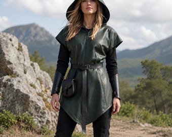 Green Leather Hooded Tunic | LARP Elven Ranger Costume | Woodland Dark Rogue Outfit
