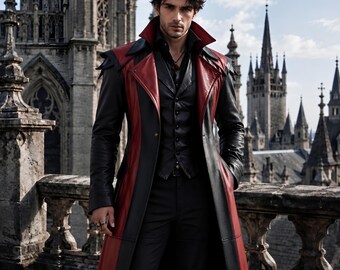 Men's Vampire Leather Trench Coat | Black Red Steampunk Cosplay Duster | Fantasy LARP Jacket