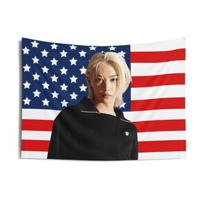 SKZ Felix Model American Flag, Felix American Tapestry, Stray Kids Lalalala, lose my Breath Stray Kids fans, Megaverse