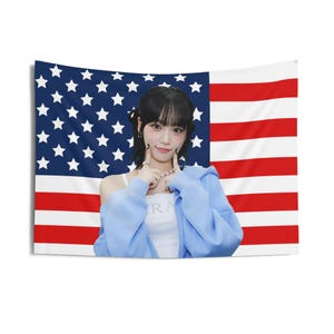 Chaewon Blue Hoodie American Flag Banner: Kpop Tapestry