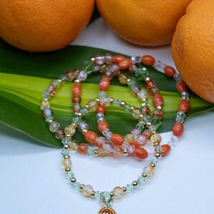 Orange Charm Bracelet: Handmade Beaded Fruit Jewelry with Crystals