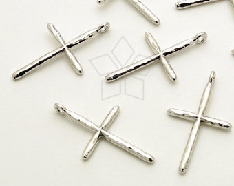 PD-1480-OR / 2 Pcs - Rustic Hammered Cross Charm Pendant, Rhodium Silver Plated over Brass / 14x24mm