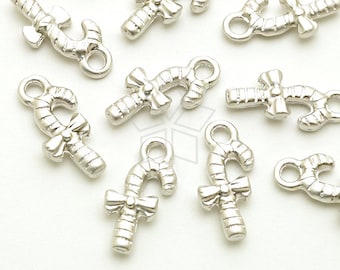 PD-1743-MS / 2 Pcs - Tiny Christmas Charms Series, Christmas Candy Canes Pendant, Matte Silver Plated over Pewter / 7.5mm x 14mm