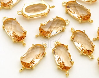 Gold Plated Brass Bezel 7mm x 16mm PD-2758-GD 2 Pcs Sideways Connector Champagne Faceted Slim Oval Glass Stone Pendant