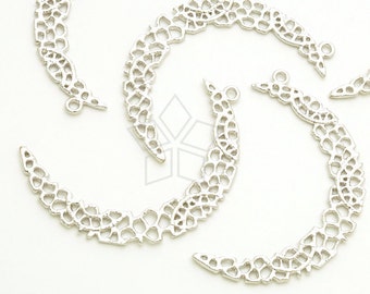 PD-1809-MS 2 Pcs Lace Pattern Pendant Crescent Moon Pendant Matte Silver Plated over Brass 23mm x 38mm Filigree Pendant