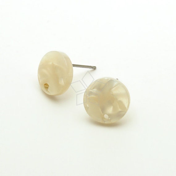 AR-047-CE / 2 Pcs - High Quality Celluloid Acetate Ear Posts, Marble White Round Stud Earrings, Surgical Steel Post / 12mm