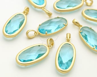 XD-112-MG / 1 Pcs - Faceted Long Slim Oval Glass Stone Pendant, Sky Blue Gemstone Oval Drop with A Necklace Bail / 11.6mm x 24mm