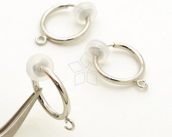 EA-277-OR / 4 Pcs - Non Pierced Spring Clip Earring Finding with Silicon Rubber Pad for Comfortable Fit, Rhodium Silver Plated Brass / 12mm