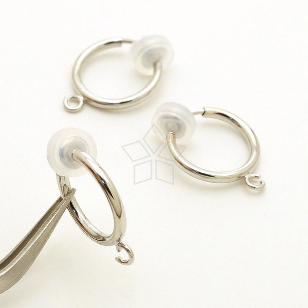 EA-277-OR / 6 Pcs - Non Pierced Spring Clip Earring Finding with Silicon Rubber Pad for Comfortable Fit, Rhodium Silver Plated Brass / 12mm