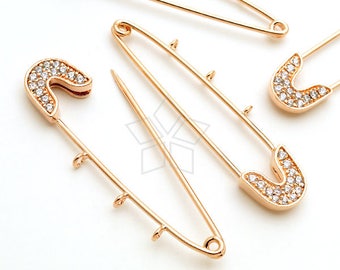 PN-009-RG / 1 pièce - Apprêts de broche à nourrice pour breloques, Épingle à nourrice avec 3 boucles, Plaqué or rose sur laiton / 46 mm