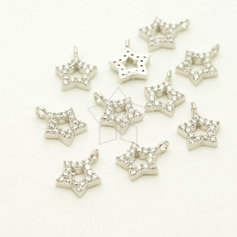 PD-1276-OR 2 Pcs Silver Plated over Brass 6.7mm x 8.5mm Tiny CZ Open Star Charm Pendant Small Round Pendant