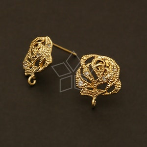SI-208-GD / 2 Pcs - Jewel Rose Flower Ear Posts, Gold Plated Flower Earring Findings, 925 Sterling Silver Post / 11mm x 12mm