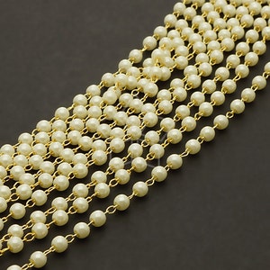 CH-099-GD / 100 cm - Winzige 3mm Runde Perlen Gliederkette, Creme weiße Diy Halskette, Vergoldet über Messing / 3mm