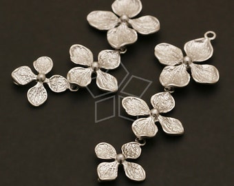 AC-440-MS / 2 Pcs - Four Leaf Flower Connector, Long Triple Flowers Pendant, Matte Silver Plated over Brass / 16mm x 44mm