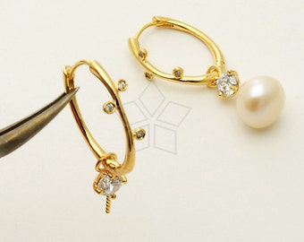 SI-674-GD / 2 Pcs - CZ Oval Leverback Earring with Peg for Half Drilled Drop, Artisan Design, Gold Plated over Brass / 24mm