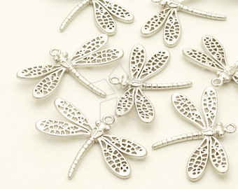 PD-1099-MS / 2 Pcs - NEW Dragonfly Pendant, Insect Dragonfly Charm, Matte Silver Plated over Brass / 22.6x17mm