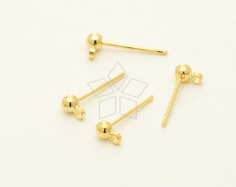 EA-210-GD / 20 Pcs - 3mm Ball Earring Posts, Ball Ear Post Findings, Blank Ear Studs. 16K Gold Plated over Brass / 3mm