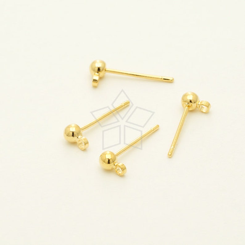 EA-210-GD / 20 Pcs 3mm Ball Earring Posts, Ball Ear Post Findings, Blank Ear Studs. 16K Gold Plated over Brass / 3mm image 1