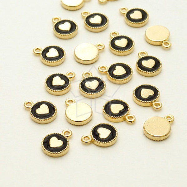 -822-GD / 2 Pcs - Mini charms époxy rond en émail noir (cœur), plaqué or 16K sur laiton / 6mm x 8mm